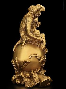 纯铜如意寿桃猴摆件商铺家居电视柜桌面装饰祝寿礼品生肖猴铜猴子