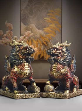 威弗列德全铜麒麟摆件公母一对麒麟踩八I卦客厅入户玄关办公工艺