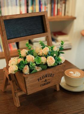 复古摆件创意花盆花篮阳台实花园欧风F98687H8小黑北板店铺装饰木