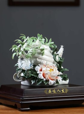 品味人生陶瓷客厅办公室装饰瓷花礼品工艺品公司送礼中式桌面摆件