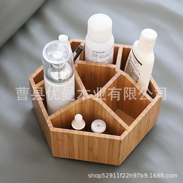 现货工厂竹制旋转七格收纳盒铅笔遥控器化妆品杂物桌面整理盒 - 图0