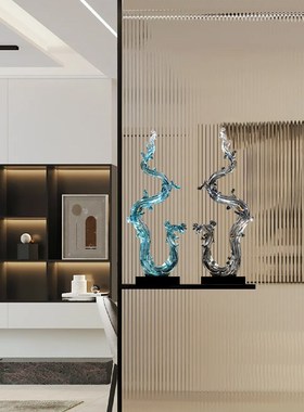 新中式玄关装饰摆件现代轻奢风生水起办公室电视柜W落地装饰品客