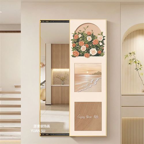 奶油风隐藏式可推拉全身镜试衣镜可关闭镜子客厅卧室玄关装饰挂画 - 图3