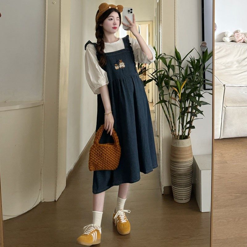 孕妇2025夏装新款两件套衬衣时髦宽松牛仔背带裙时尚百搭气质套装,淘宝优惠券,粉丝福利购,淘宝优惠卷