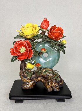 牡丹花花开富贵陶瓷摆件石湾公仔