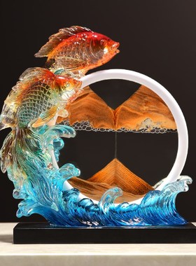 新中式年年有余金鱼摆件客厅玄关电视柜流沙画装S饰工艺品乔迁礼