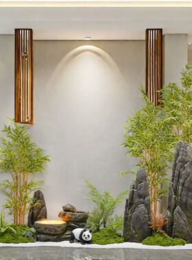 茶室会所室内新中式假山流水摆件造景仿真绿植大型落地装饰品布置