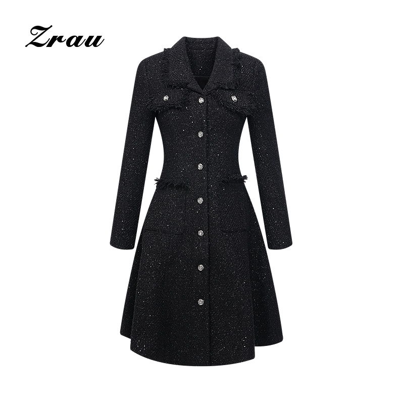 ZRAU高级感精致洋气中长裙2025冬季新款翻领长袖毛边连衣裙女 - 图1