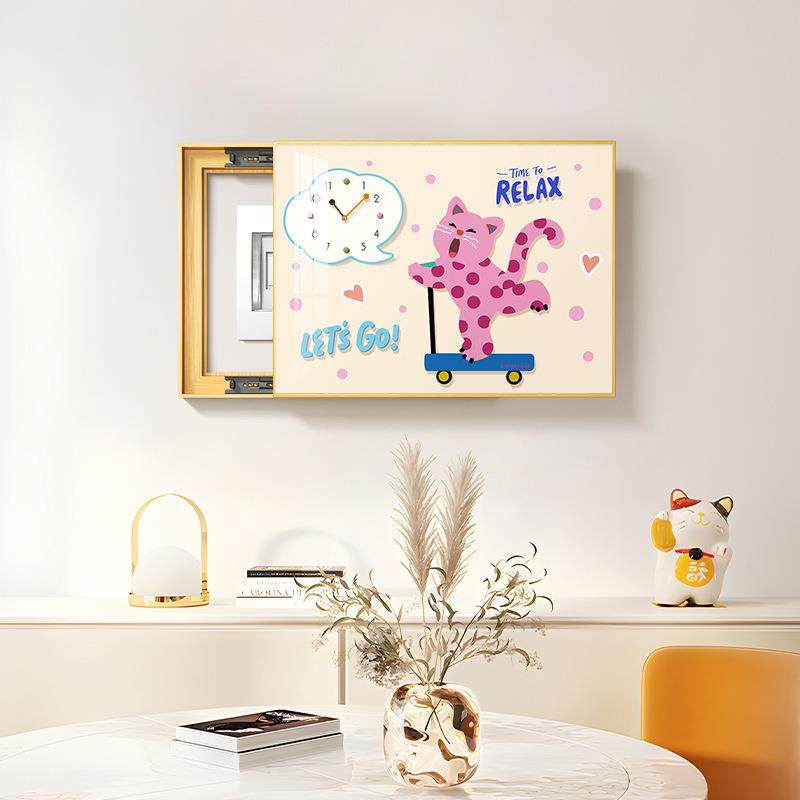 多巴胺电表箱装饰画带钟表可爱波点猫配电箱免打孔遮挡挂画 - 图2