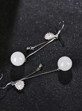 新疆和田白玉圆珠耳坠时尚长流苏纯银镶嵌耳线百搭款羊脂玉耳饰品