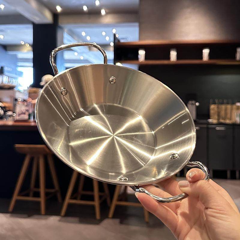 三层加厚哎～18/10不锈钢西班牙海鲜饭锅干锅双耳焗饭平底锅盘子,淘宝优惠券,粉丝福利购,淘宝优惠卷