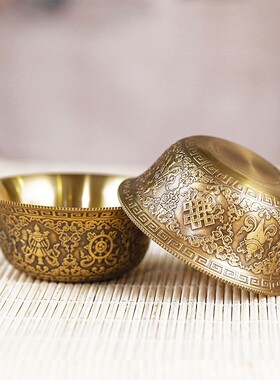 藏式纯铜佛缘供水碗供佛杯雕刻八吉祥供杯家居用品供水杯摆件