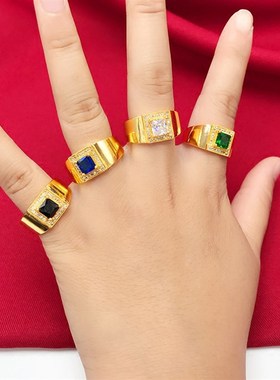 越南沙金戒指男女士活o口镀金玛瑙宝石戒指环福财发字个性潮男戒