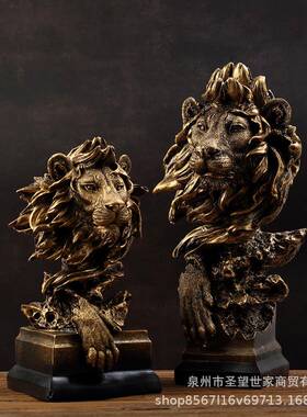 美式仿铜狮子复古动物树脂工酒艺狮子头摆品摆头件玄关办公室柜软