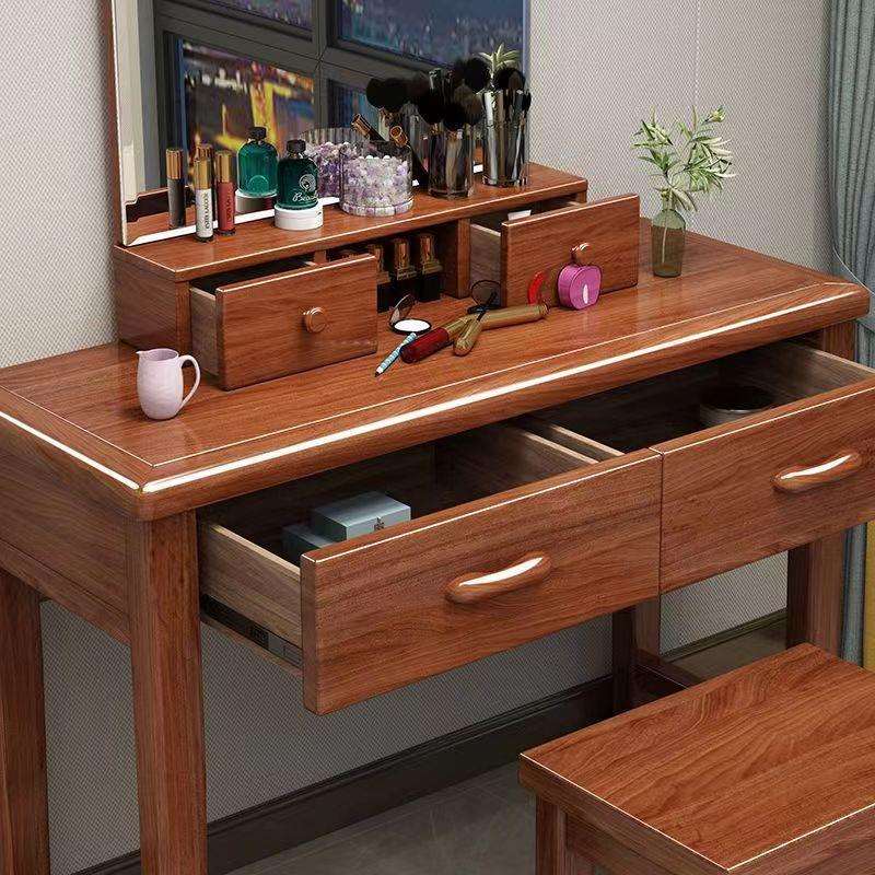 胡桃木实木梳妆台现代新中式简约高档化妆桌妆凳卧室小户型收纳柜 - 图2