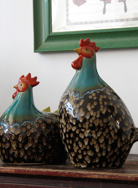 陶瓷鸡摆件工艺l品手工青花瓷仿古开片客厅对鸡亲子装饰