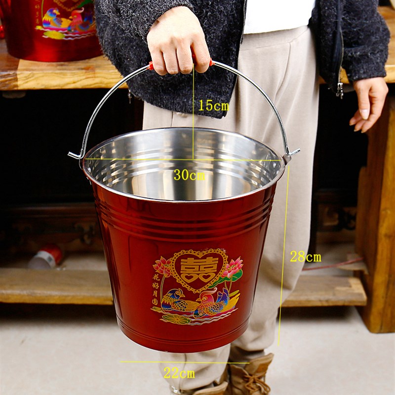 结婚子孙桶新娘陪嫁用品红色水桶不锈钢喜桶一对婚庆红桶结婚桶子 - 图1