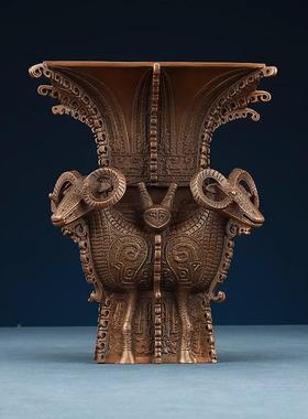 铜祥紫铜酒四羊方尊铜羊摆件仿古青铜欣铜工器艺礼品紫铜四羊装饰