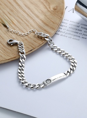 锦河畔 S925纯银快乐每一天笑脸手链ins冷淡风复古小众设计饰品