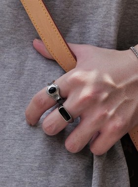 SAZ 银色不规则凹面椭圆黑玛瑙锆D石戒指男女潮流复古暗黑个性指