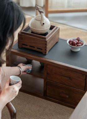 新中式茶边柜乌金石烧水台黑胡桃木炕桌柜榻榻米日式飘窗茶家具