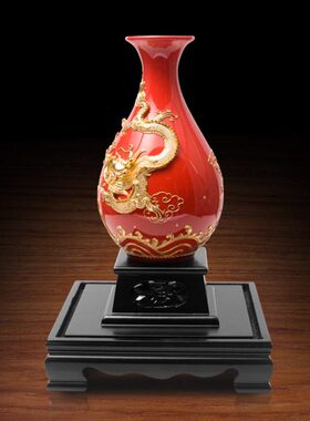 双龙玉壶春漆线雕红瓶 中式客厅工艺品摆件实用开业礼物乔迁礼品