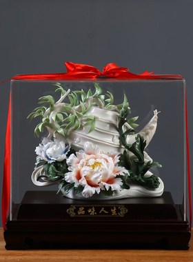 品味人生陶瓷客厅办公室装饰瓷花礼品工艺品公司送礼中式桌面摆件