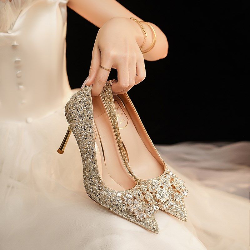2025秋冬新款水钻香槟色高跟鞋女细跟法式禾秀主婚水晶婚鞋新娘鞋,淘宝优惠券,粉丝福利购,淘宝优惠卷