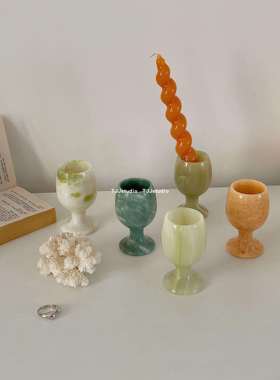 TJJ丨中古玉石杯子摆件复古青白大理石高脚杯拍摄道具桌面陈列