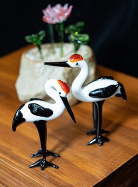 淄博琉璃迷你纯手工仙鹤丹顶鹤一对简约动物现代创意可爱摆件动物