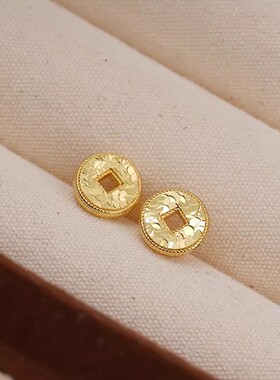 s925银针碎碎冰铜钱耳钉女新中式复古感耳环小众气质精致耳饰