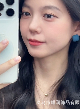 蓝色磨砂方形~简约几何方块耳钉女复古港风气质耳饰锆石