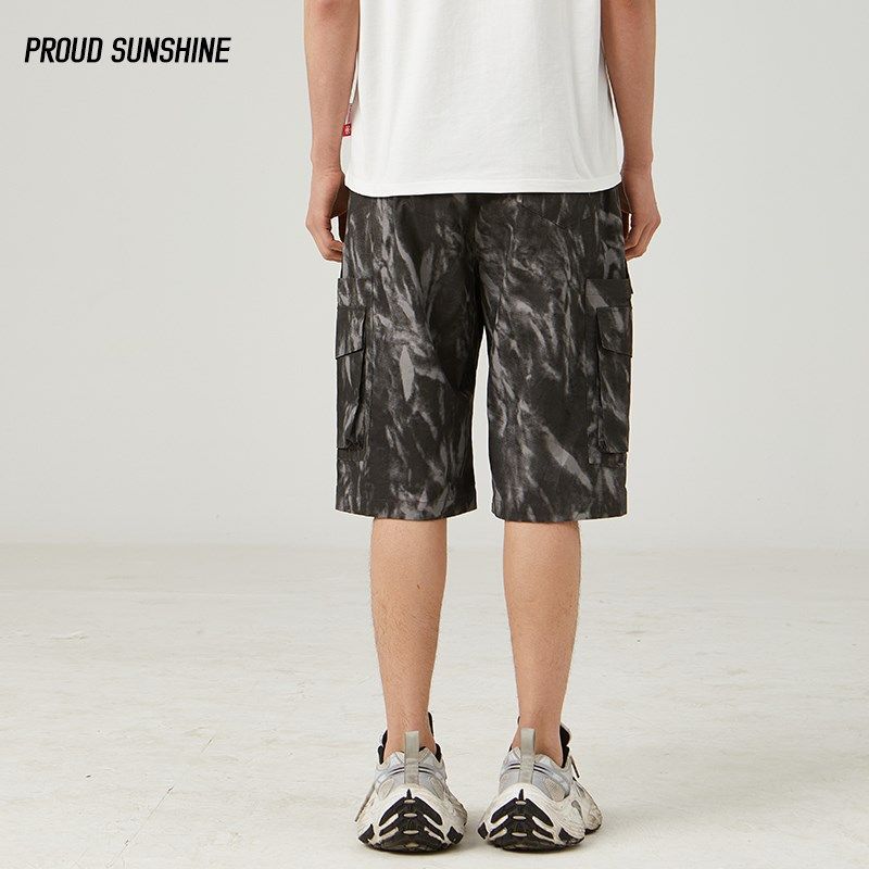 夏季潮男扎染宽松纯棉工装七分裤黑色阔腿多口袋运动休闲美式短裤,淘宝优惠券,粉丝福利购,淘宝优惠卷