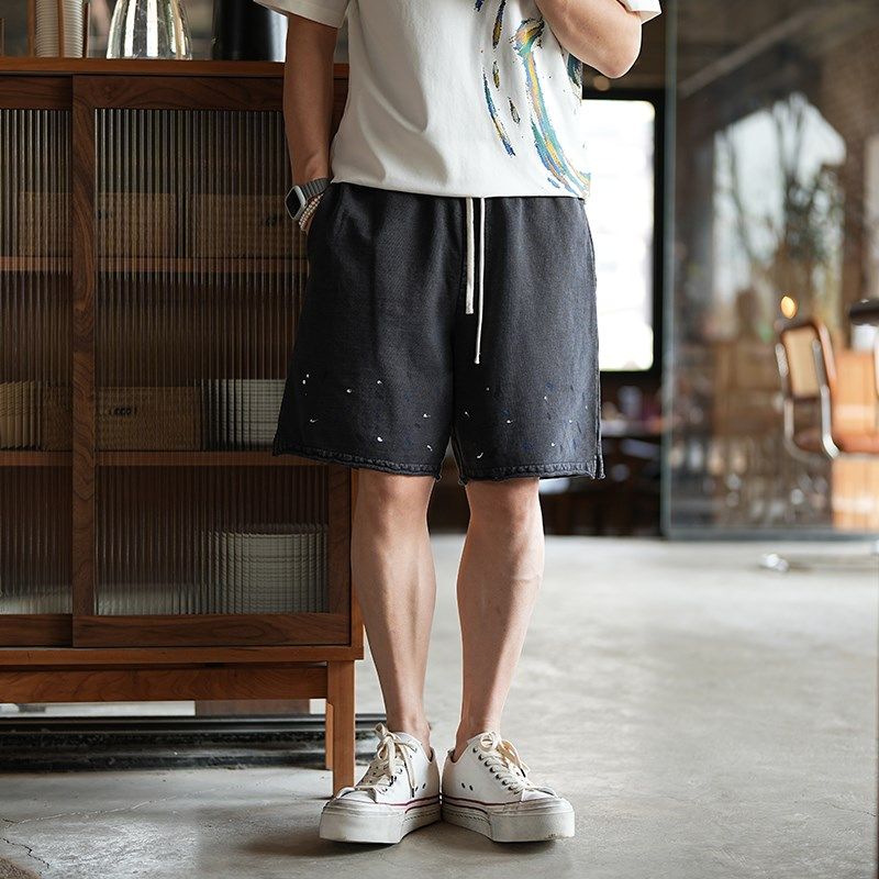 港风高街设计感甩漆宽松针织短裤男装夏季潮流高端百搭休闲五分裤,淘宝优惠券,粉丝福利购,淘宝优惠卷