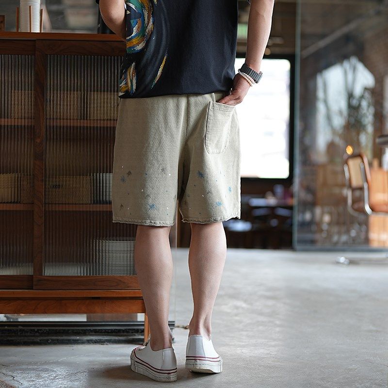 港风高街设计感甩漆宽松针织短裤男装夏季潮流高端百搭休闲五分裤,淘宝优惠券,粉丝福利购,淘宝优惠卷