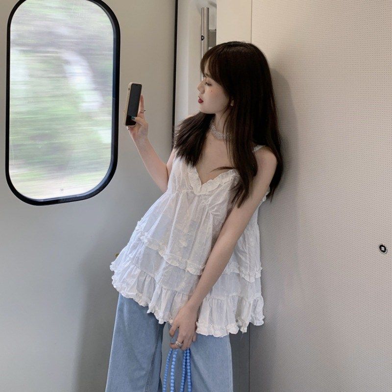 小清新甜美白色吊带背心女小个子外穿春夏季宽松木耳边娃娃衫上衣,淘宝优惠券,粉丝福利购,淘宝优惠卷