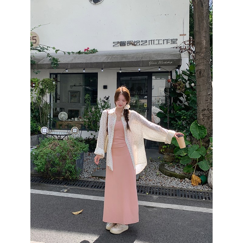 大码胖mm韩系甜美挂脖吊带连衣裙女秋季新款宽松百搭防晒上衣套装 - 图1