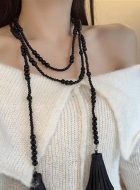 新中式长款黑色渐变串珠流苏项链女小众夸张高级感颈链配饰锁骨链