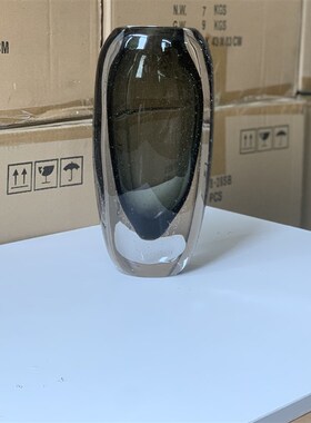 欧式简约手工吹制高品质厚底灰色气泡玻璃花瓶软装样板房客厅花器