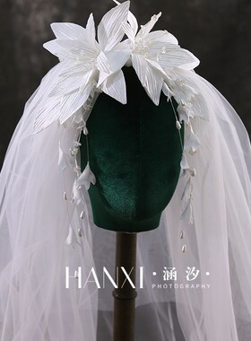 新款森系超仙缎面花朵发夹头纱结婚主婚纱头饰旅拍领证晨袍配饰品