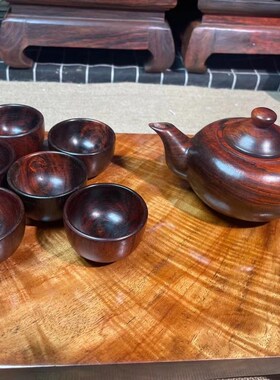 大红酸枝木茶具套装摆件茶壶茶杯 红木工艺品摆件 交趾黄檀木茶壶