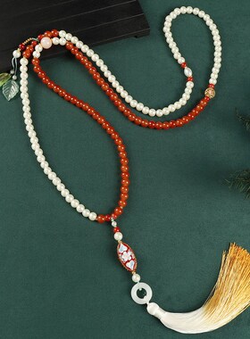 新中式红色朱砂长款斜挎链女檀木流苏毛衣链国风项链古风旗袍配饰