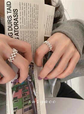 韩国米珠串珠弹力绳设计纯银戒指女简约冷淡风小众设计感食指戒