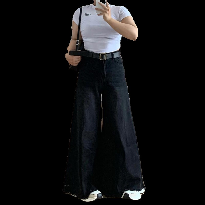 300斤女装美式高街黑色毛边牛仔裤女胖mm大码裤子阔腿裤显瘦长裤 - 图1