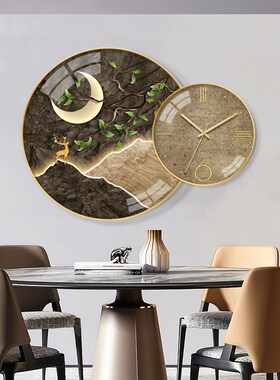 新中式餐厅装饰画时钟新款高级餐桌背景墙装饰画圆形钟表饭厅挂画