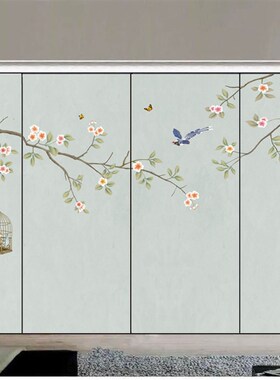 新中式手绘花鸟画卧室衣柜贴纸移门定做家具翻新装饰贴画自粘防水