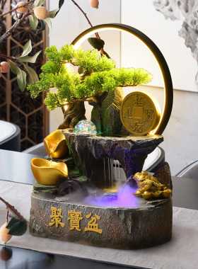 中式聚宝盆流水摆件循环水客厅电视柜桌面风水轮办公室招财装饰品