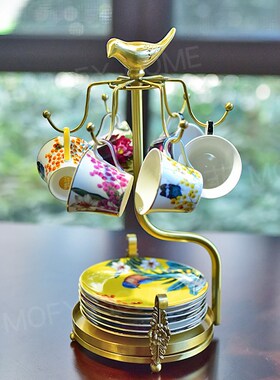黄铜咖啡杯架新中式古典家用杯碟收纳挂架客厅餐桌水杯置物架摆件