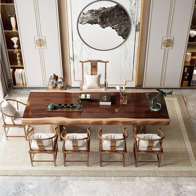 新中式自然边大板实木茶桌全套组合原木不规则茶台办公室泡茶桌椅 - 图2