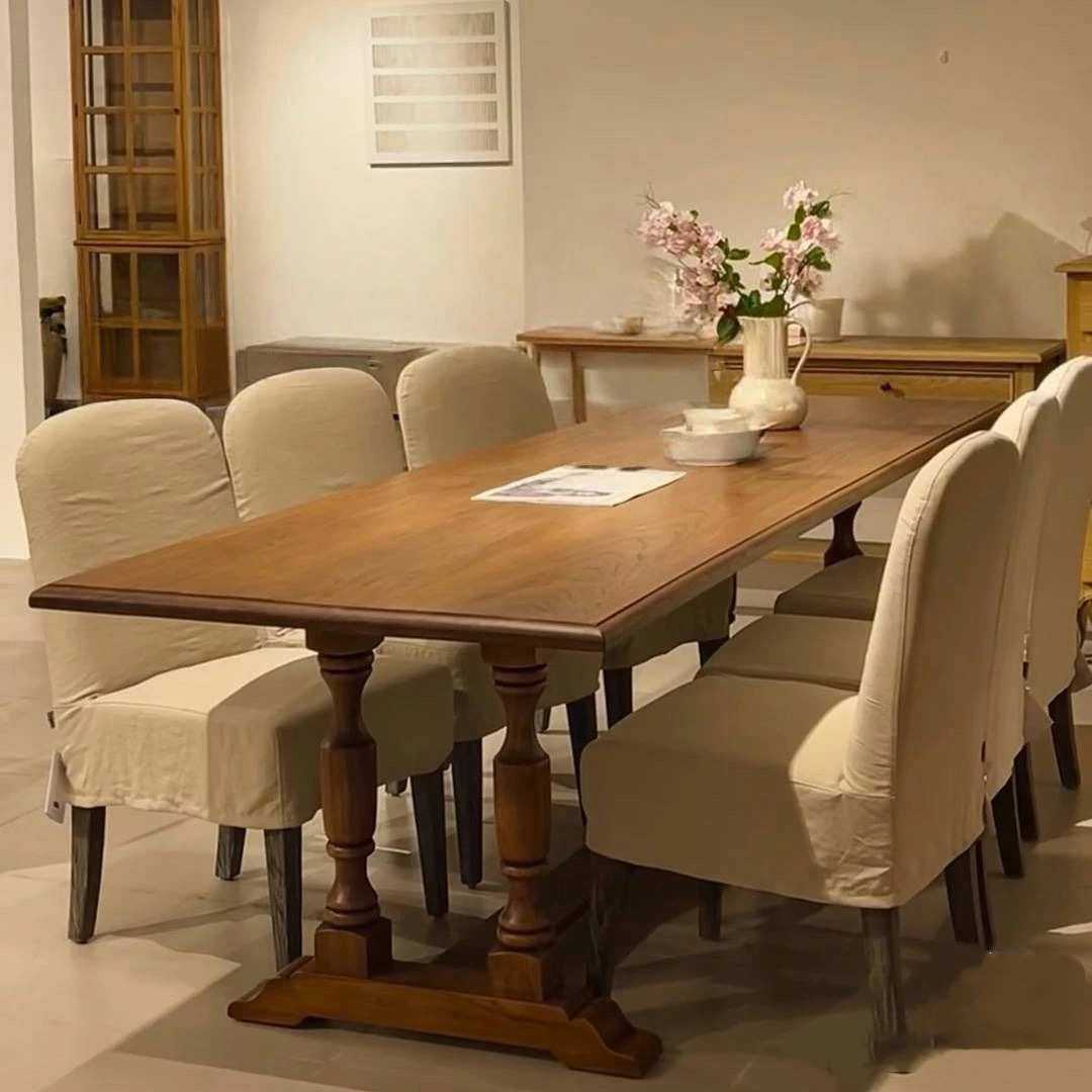 美式复古实木餐桌法式客厅家用饭桌设计师办公长桌原木大板会客桌 - 图0